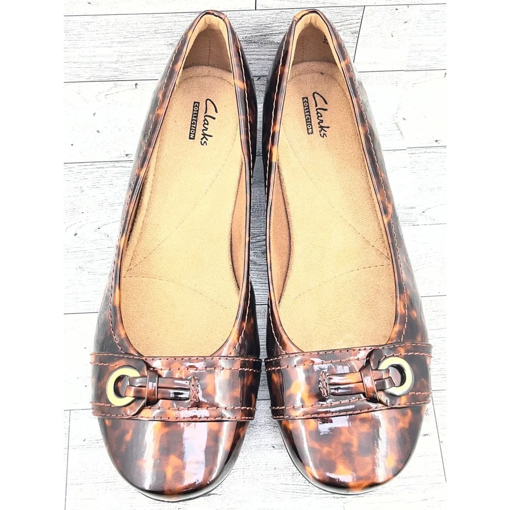 Clarks Collection Brown Tortoise Shell Patent Flats Shoes‎ 26103331 Women 8M